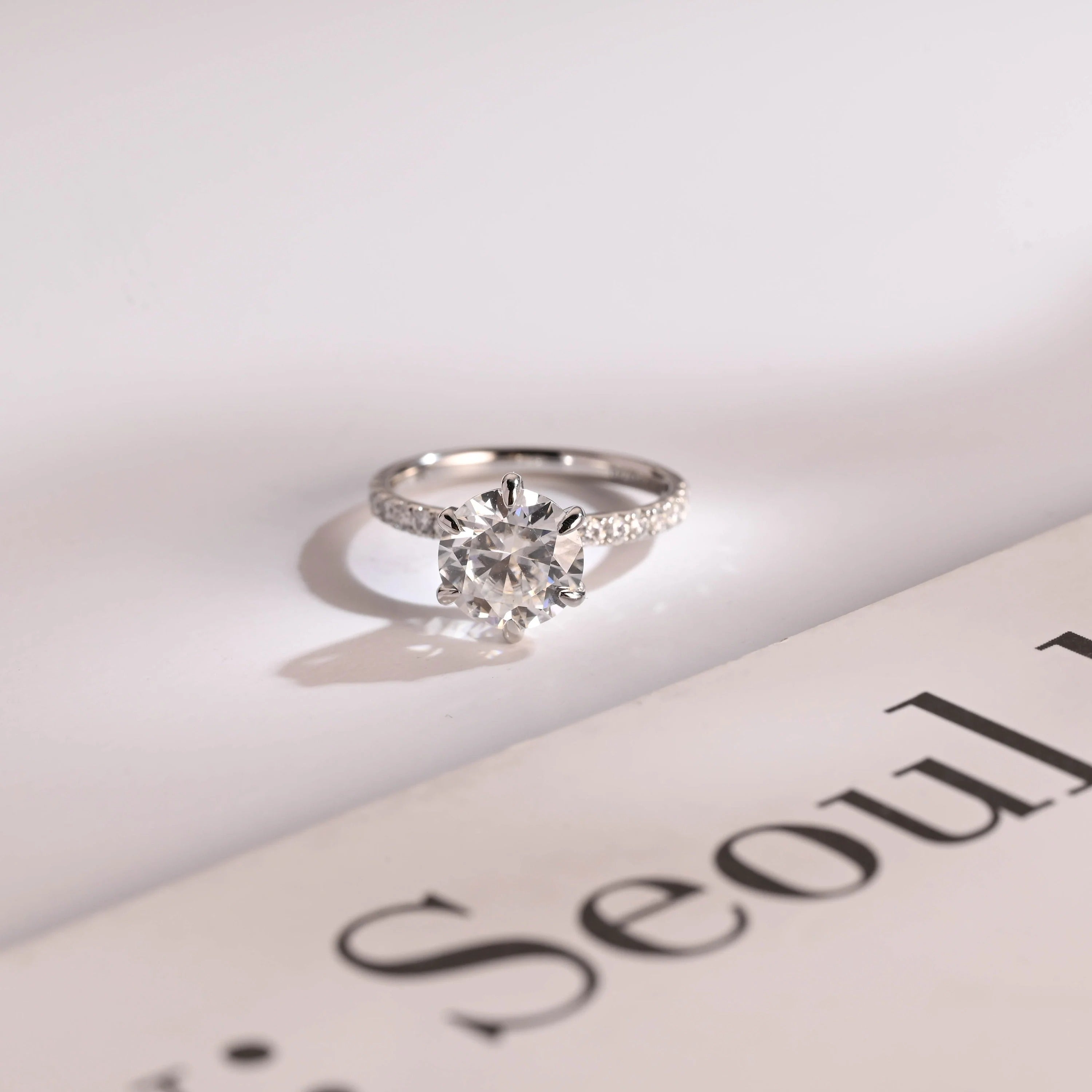 Solid Gold Half Eternity Round Moissanite Engagement Ring, Anniversary Gift for Wife Main image