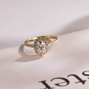 Solid Gold Floral Halo Oval Moissanite Engagement Ring, Half Eternity Proposal Ring