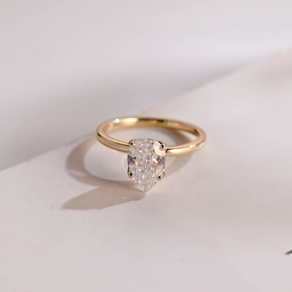 Solid Gold Tulip Flower Pave Crushed Ice Pear Moissanite Engagement Ring