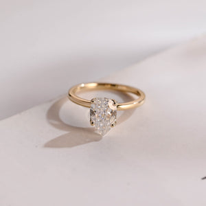 Solid Gold Tulip Flower Pave Crushed Ice Pear Moissanite Engagement Ring
