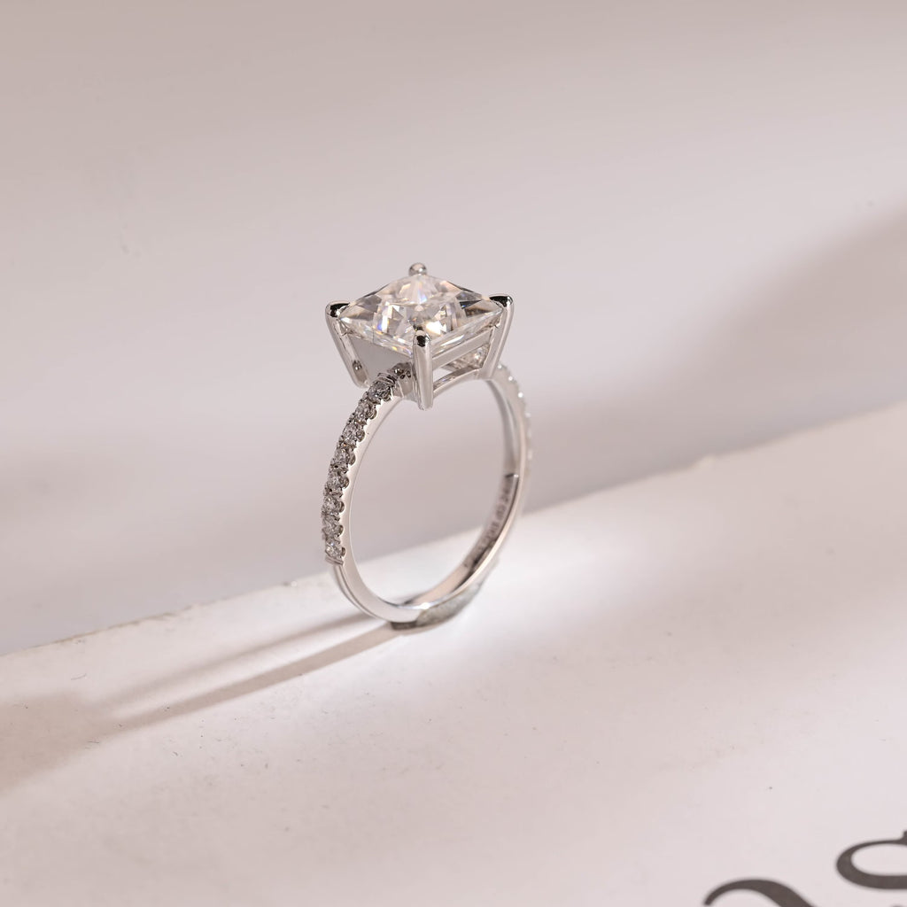 Solid Gold Half Eternity Princess Cut Moissanite Engagement Ring, Promise Ring