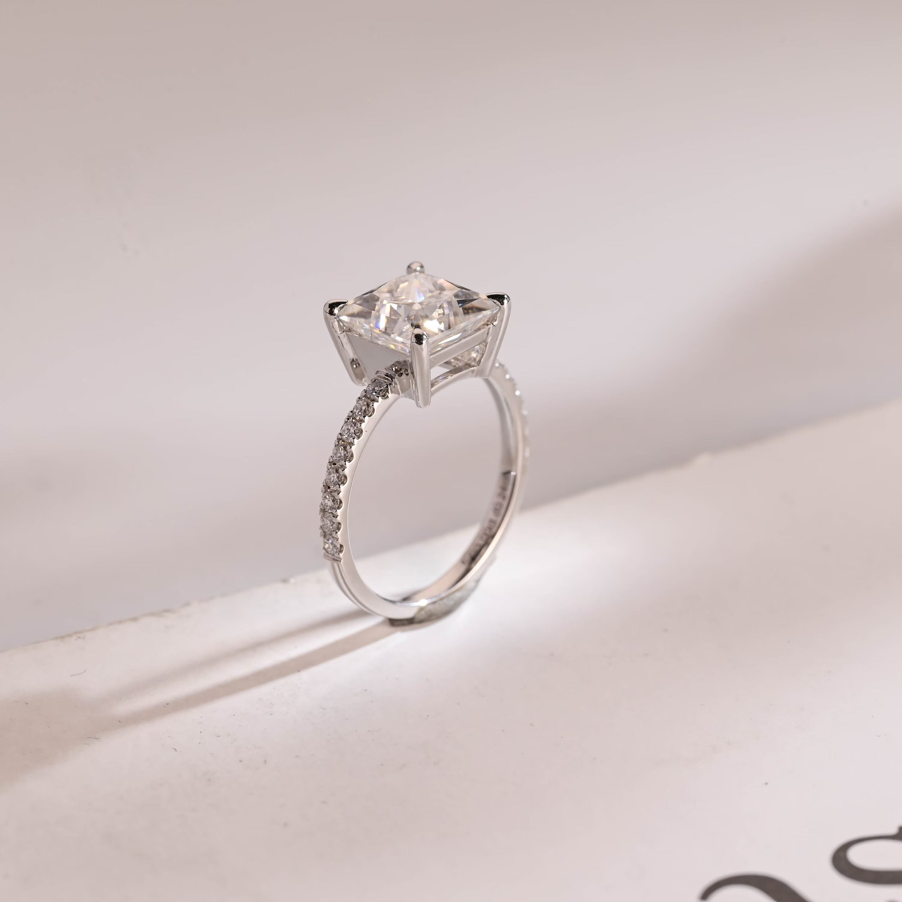 Solid Gold Half Eternity Princess Cut Moissanite Engagement Ring, Promise Ring