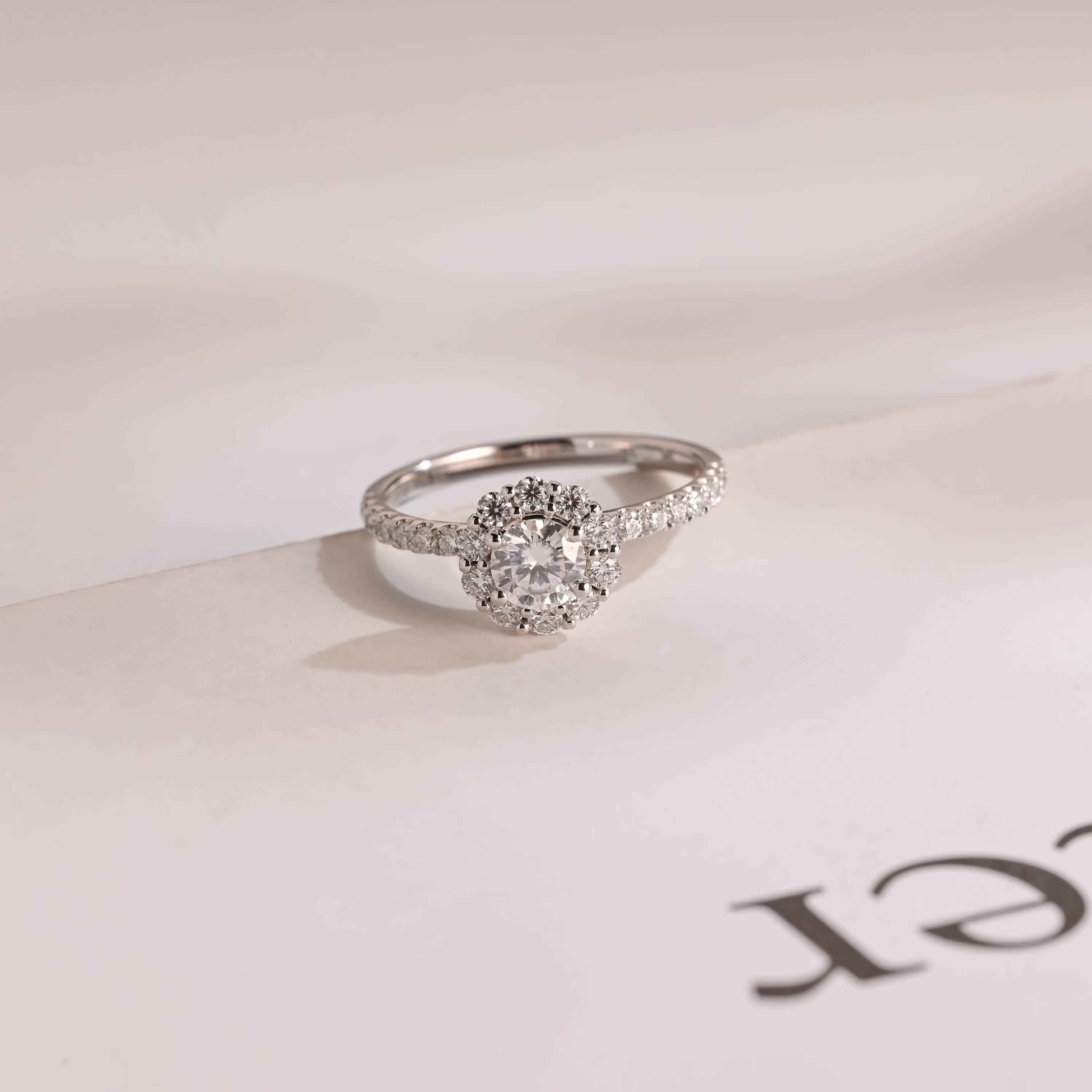 Solid Gold Sunflower Round Moissanite Engagement Ring, Half Eternity Promise Ring Main image