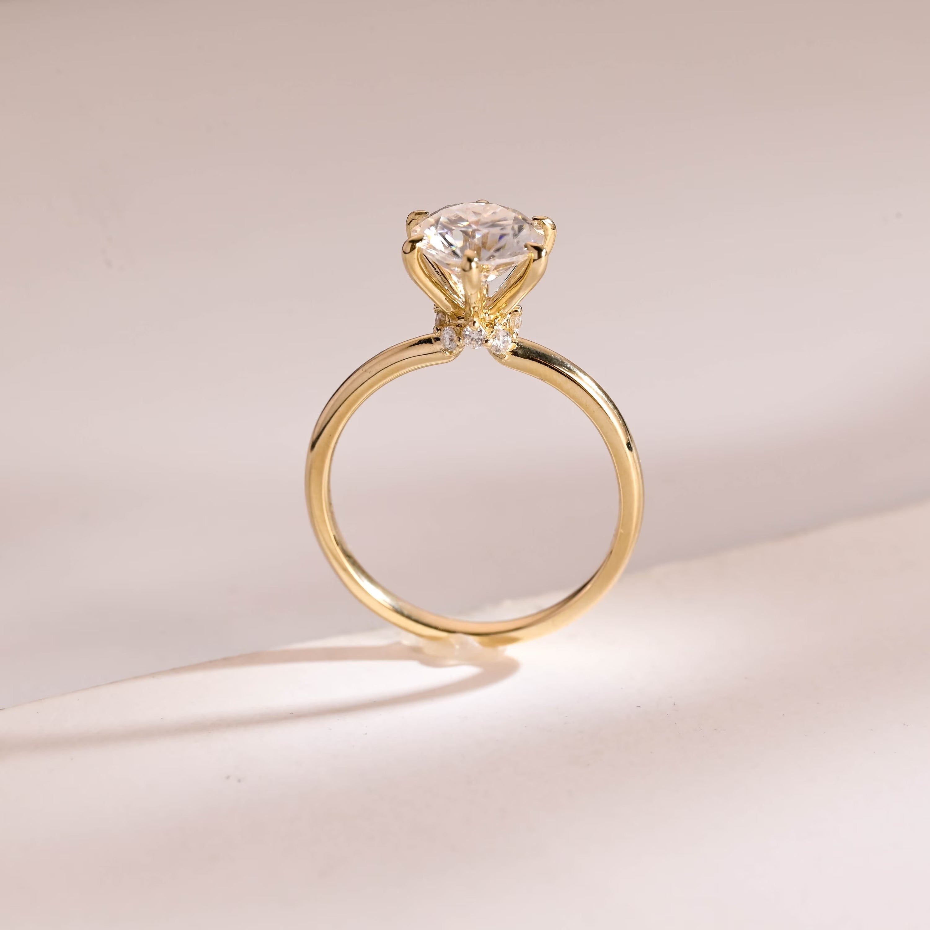 Solid Gold Hidden Halo Round Cut Moissanite Engagement Ring, Solitaire Promise Ring for Her