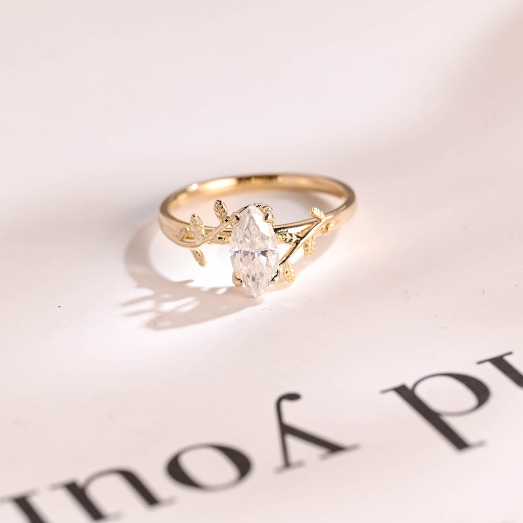 Solid Gold Leaf Ring, Marquise Moissanite Engagement Ring, Proposal Ring