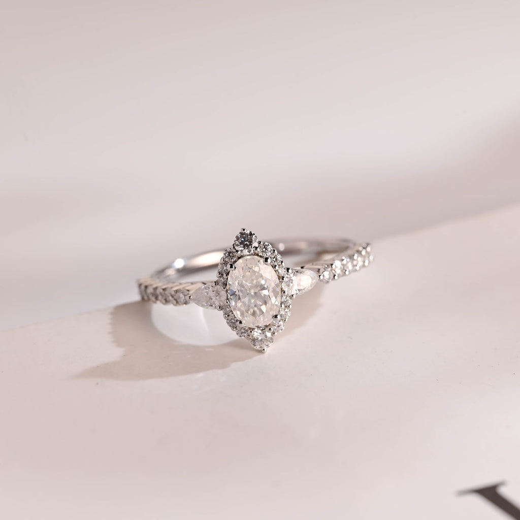 Solid Gold Halo Crushed Ice Oval Moissanite Engagement Ring, Half Eternity Proposal Ring