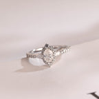 Solid Gold Halo Crushed Ice Oval Moissanite Engagement Ring, Half Eternity Proposal Ring