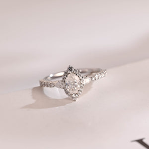 Solid Gold Halo Crushed Ice Oval Moissanite Engagement Ring, Half Eternity Proposal Ring