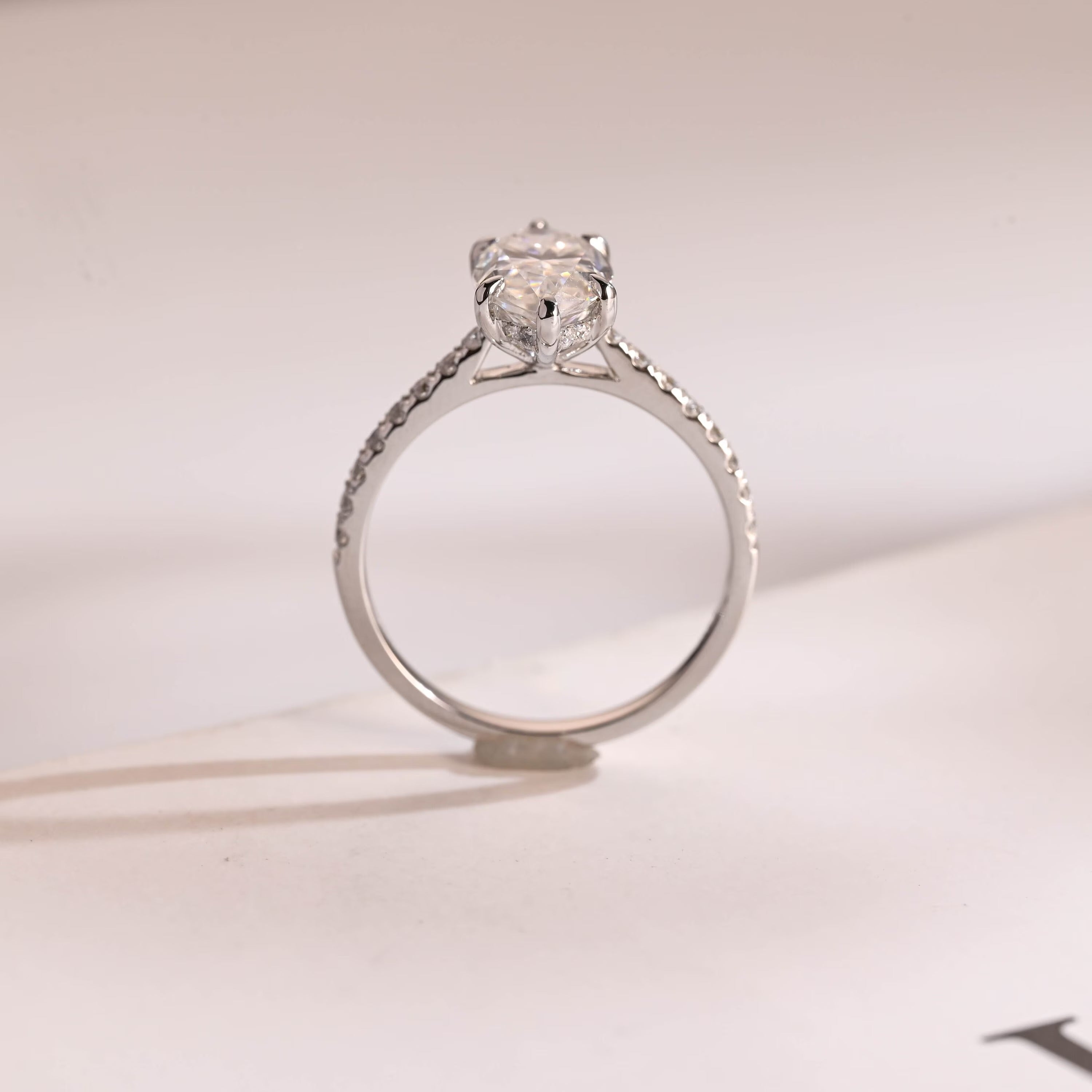 Solid Gold Marquise Cut Moissanite Engagement Ring with Hidden Halo