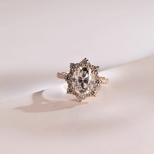 Solid Gold Floral Halo Oval Moissanite Half Eternity Engagement Ring