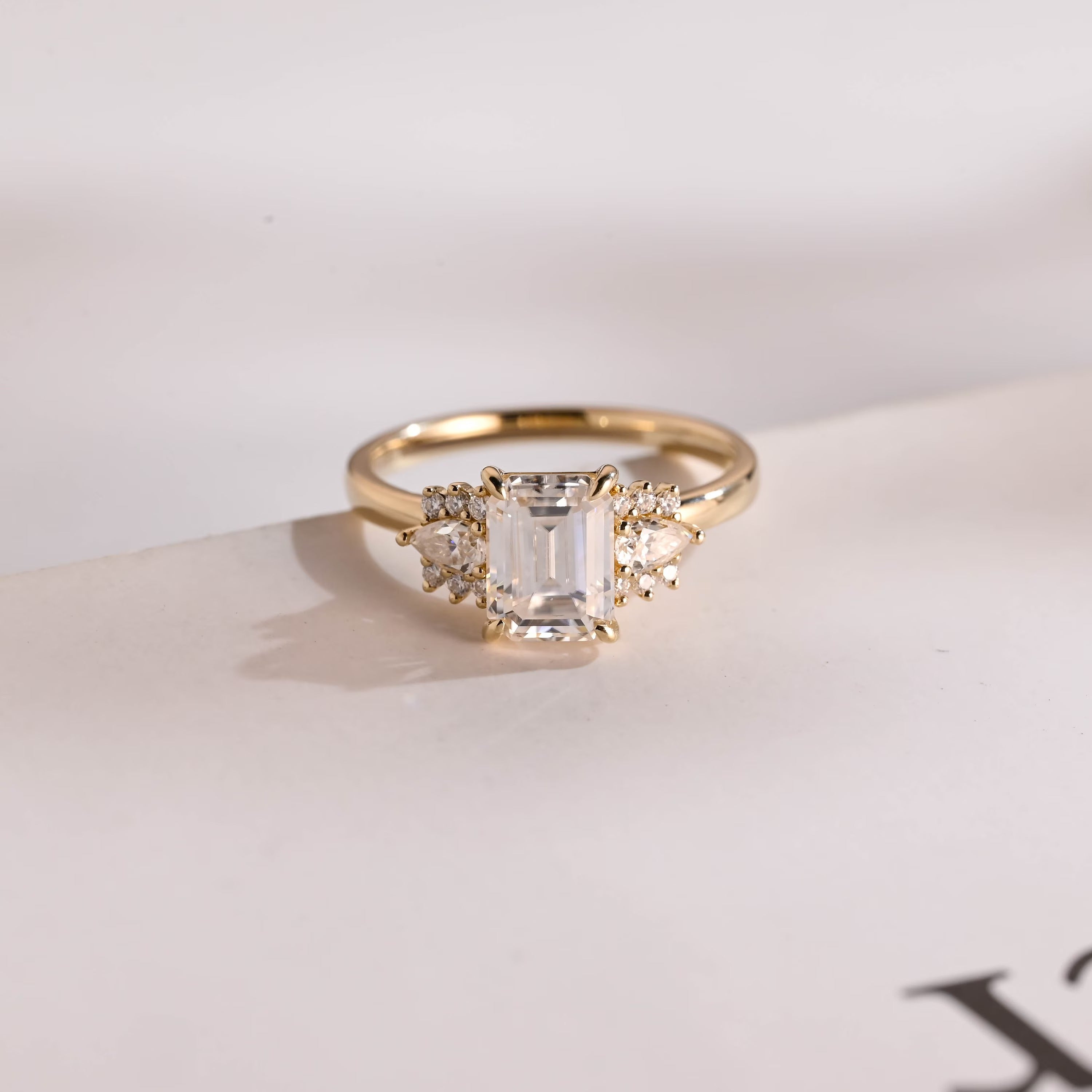 Solid Gold Emerald Cut Moissanite Engagement Ring With Trapezoid, Dainty Cluster Promise Ring Main image