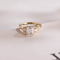 Solid Gold Emerald Cut Moissanite Engagement Ring With Trapezoid, Dainty Cluster Promise Ring