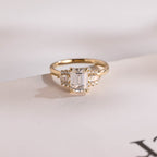 Solid Gold Emerald Cut Moissanite Engagement Ring With Trapezoid, Dainty Cluster Promise Ring
