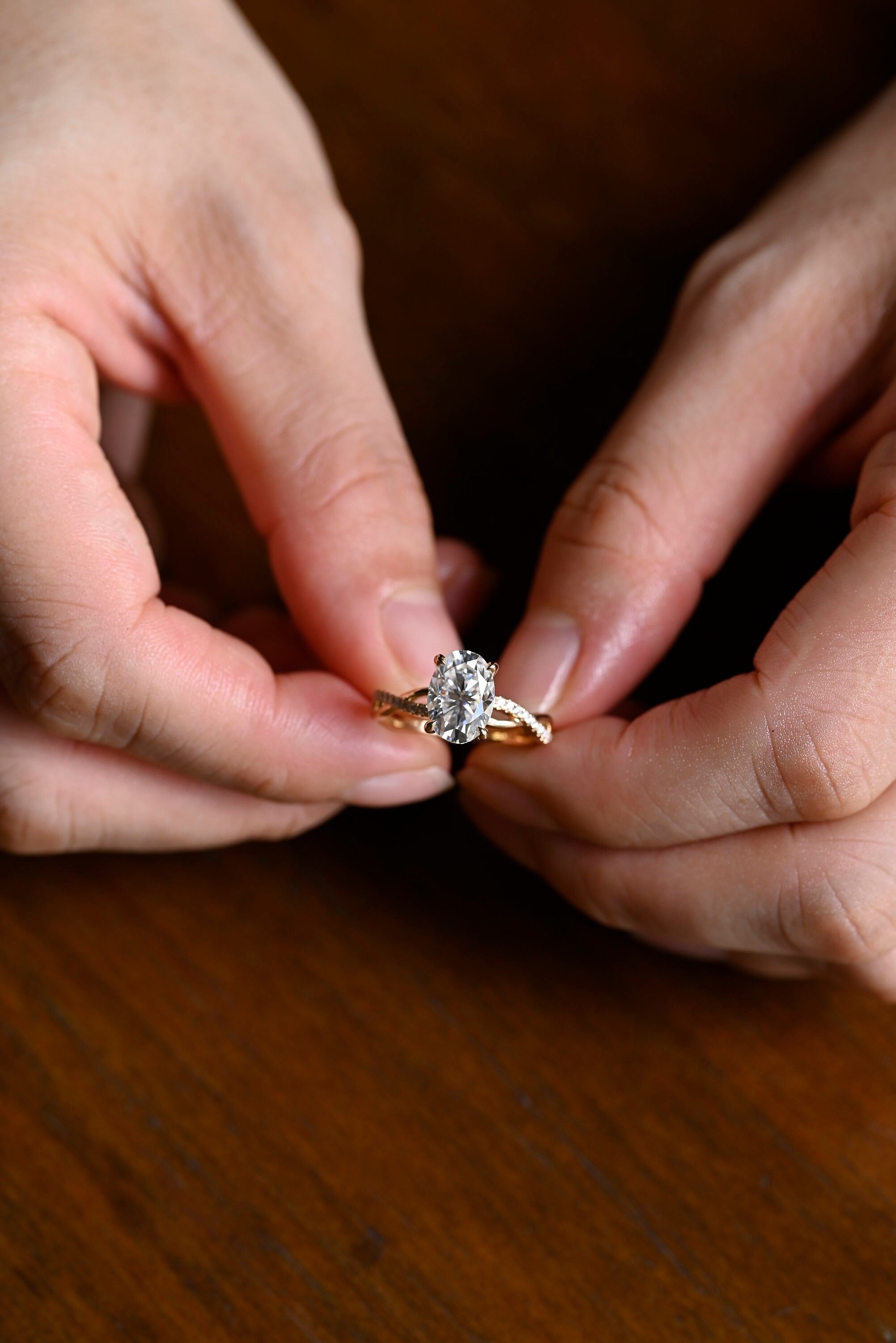 Solid Gold Oval Moissanite Engagement Ring, Twisted Band Half Eternity Bridal Ring