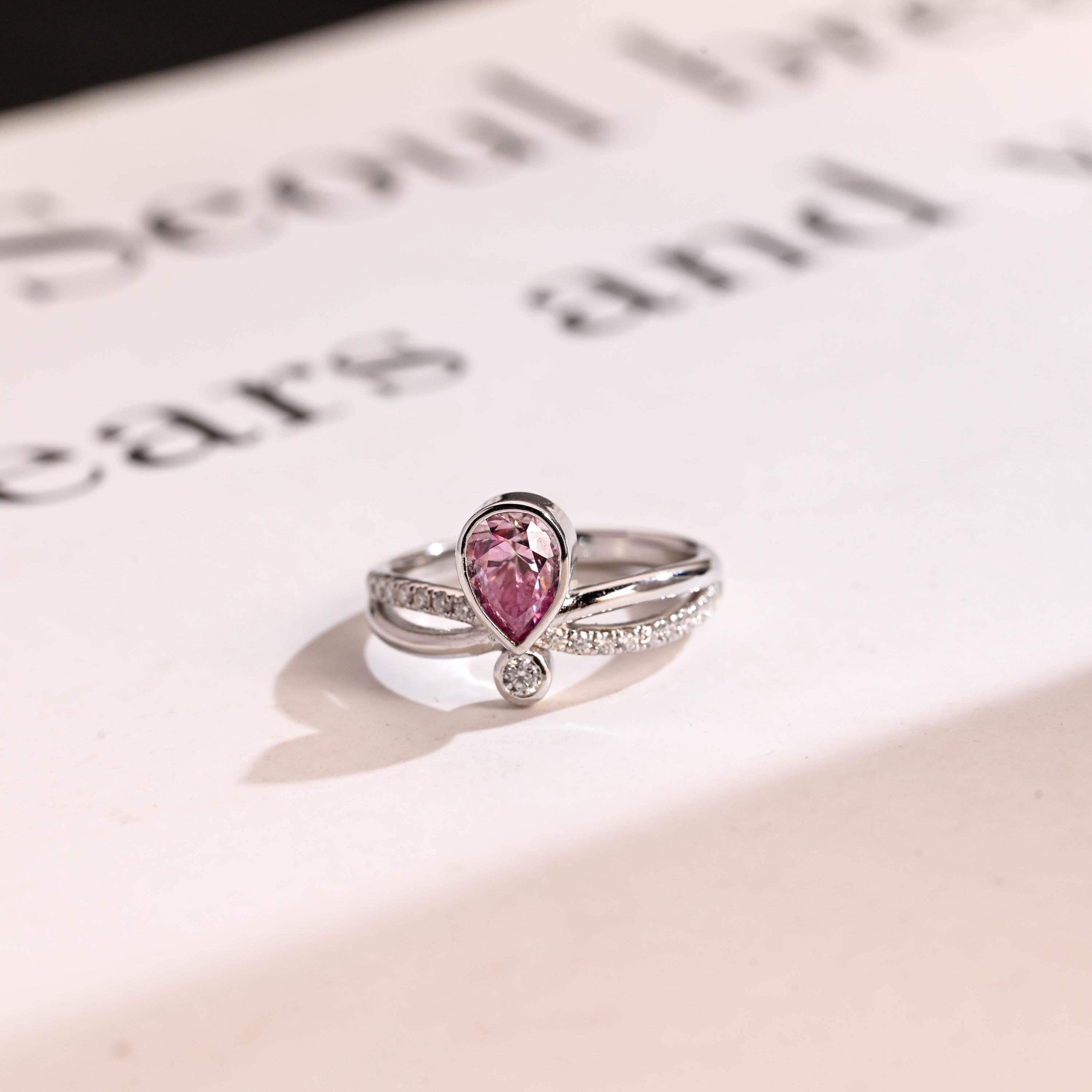 Solid Gold Pear Cut Purple Lab Grown Sapphire Engagement Ring, Split Shank Promise Ring Main image