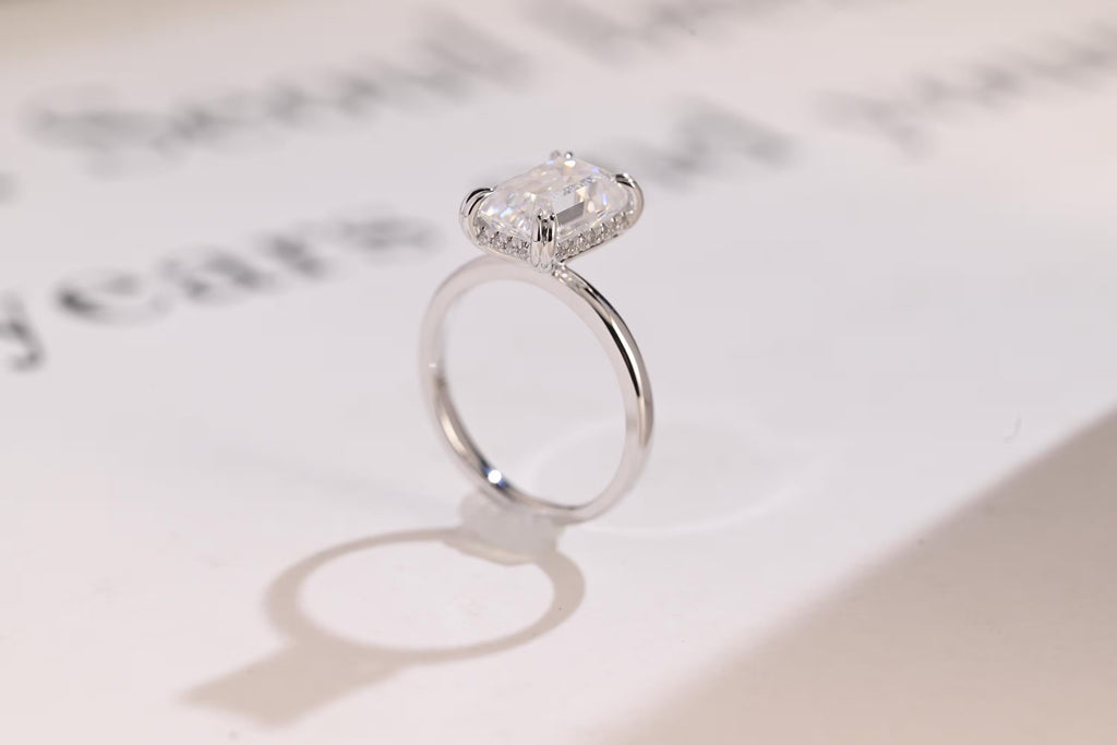 Solid Gold Double Prongs Emerald Cut Moissanite Engagement Ring, Promise Ring