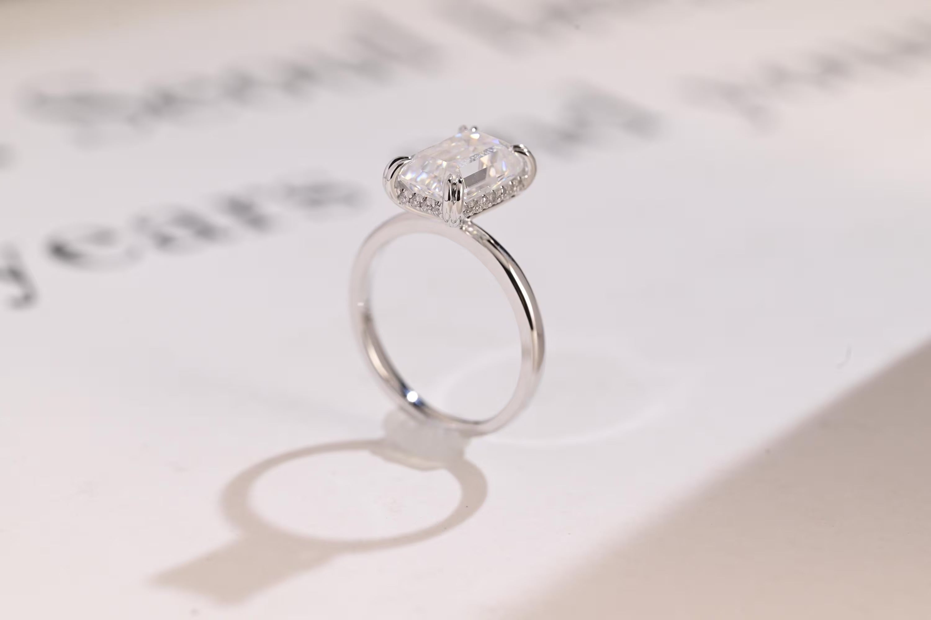 Solid Gold Double Prongs Emerald Cut Moissanite Engagement Ring, Promise Ring