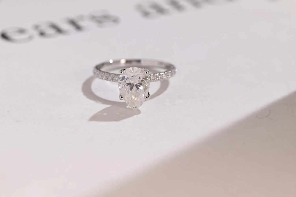 Solid Gold Tulip Flower Pave Pear Moissanite Engagement Ring, Promise Ring