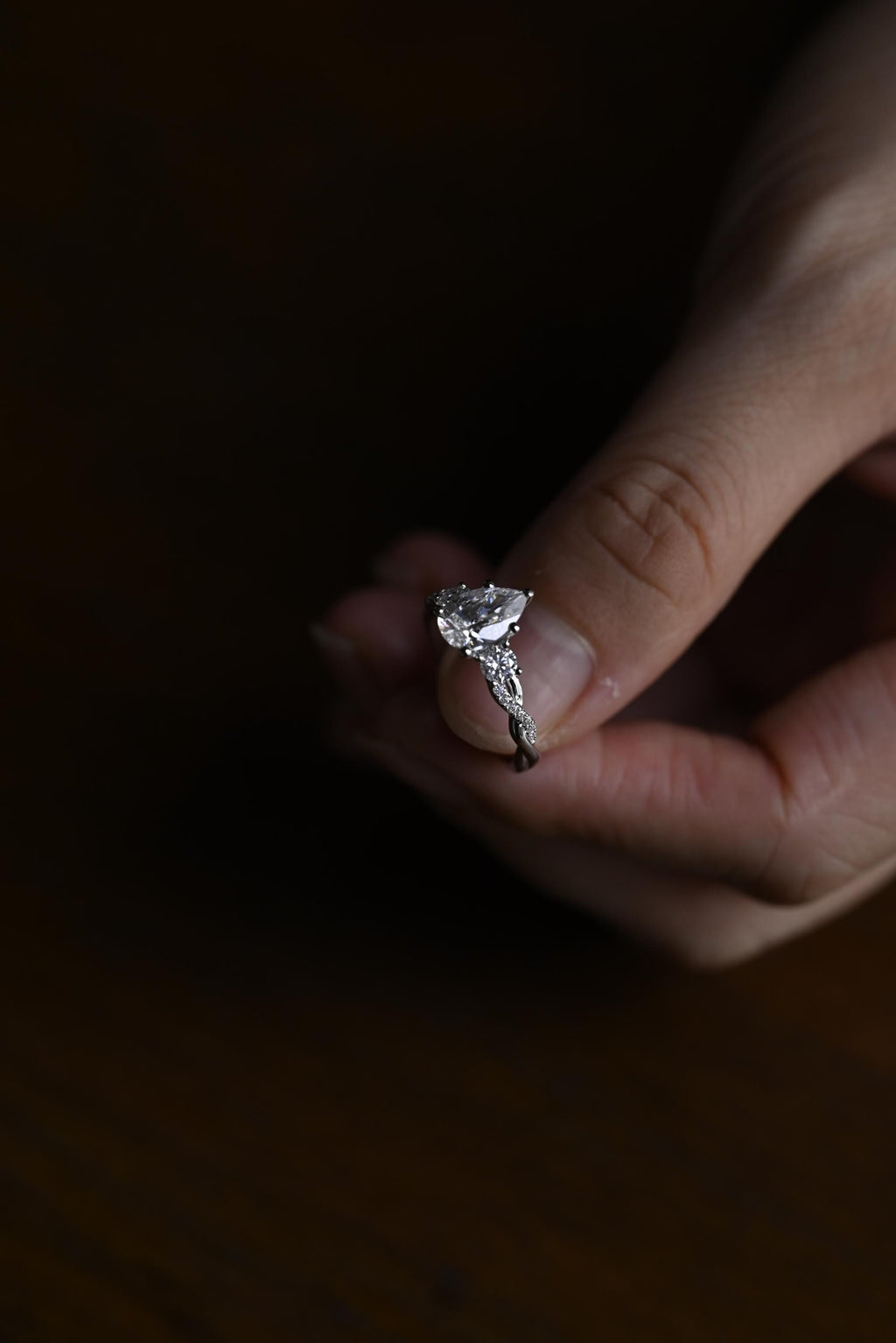 Solid Gold Pear Moissanite Engagement Ring, Twisted Band Half Eternity Bridal Ring