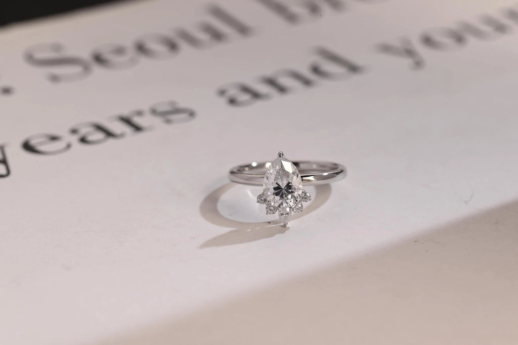 Solid Gold Pear Moissanite Engagement Ring with Accent Stone, Tear Drop Ring
