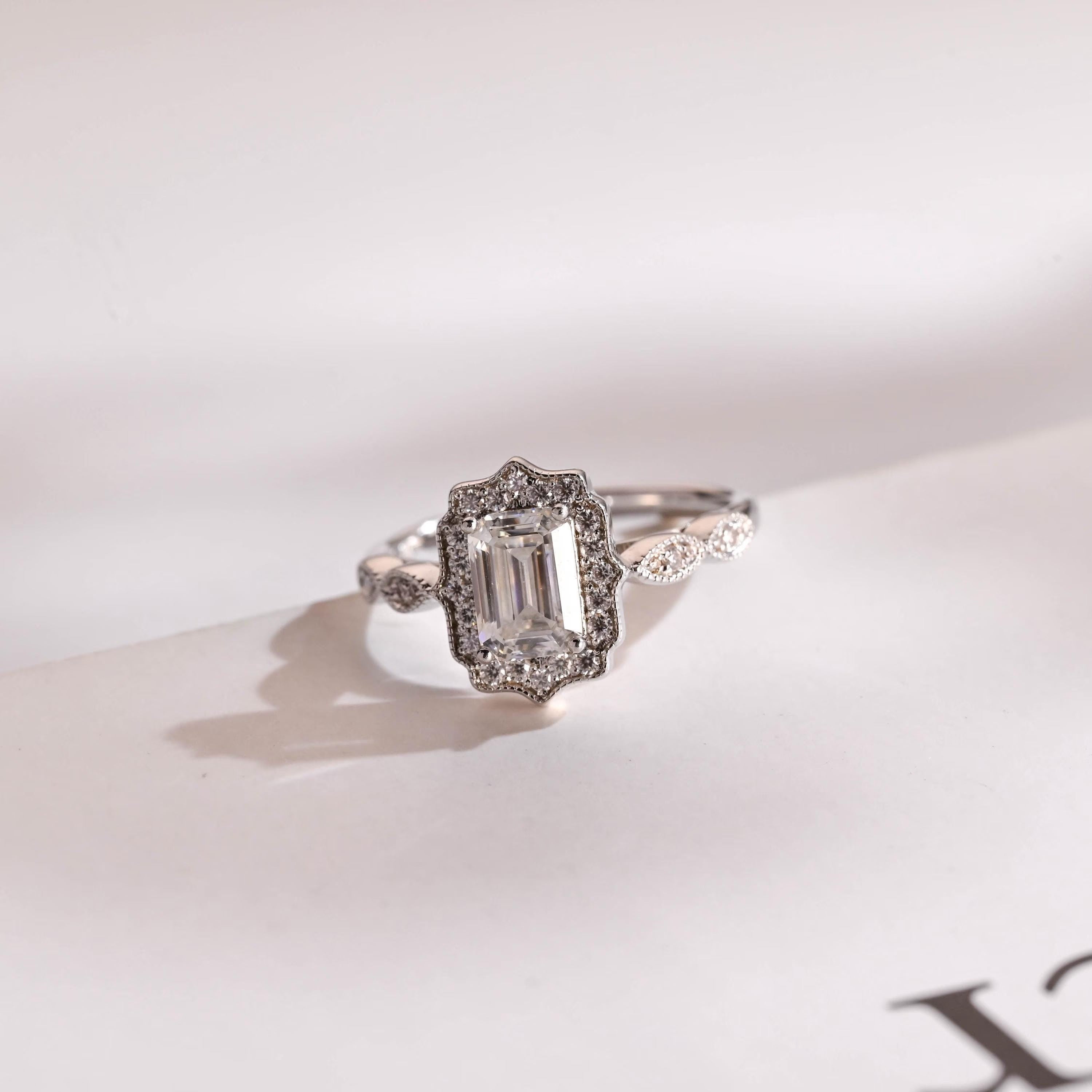 Solid Gold Emerald Cut Moissanite Engagement Ring, Beaded Halo Half Pave Ring Main image