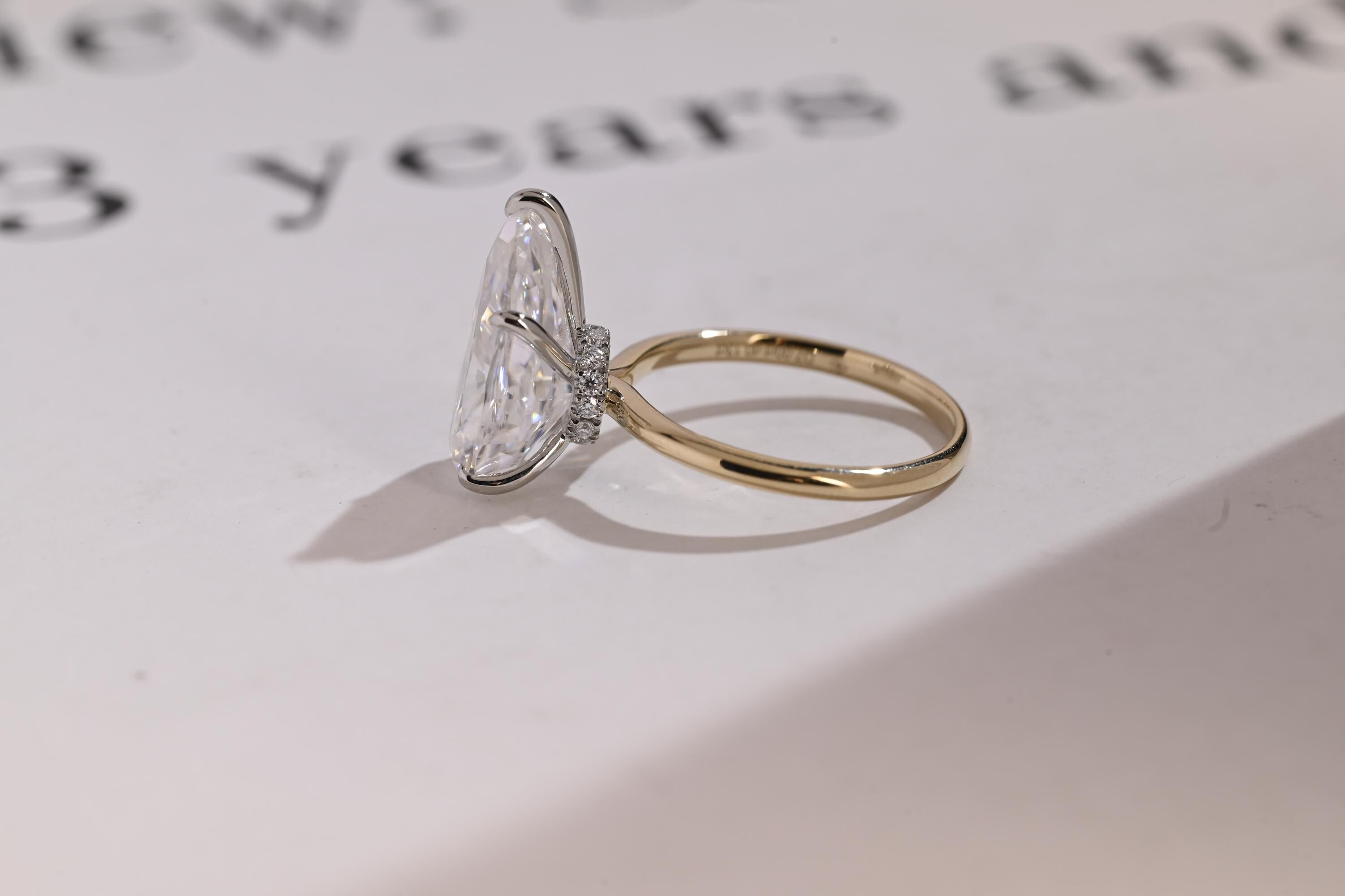 Solid Gold Two Tone Pear Moissanite Engagement Ring, Hidden Halo Promise Ring