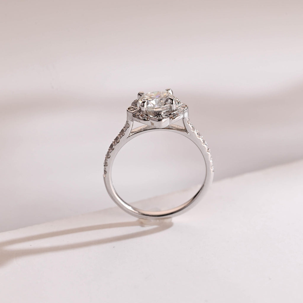 Solid Gold Round Moissanite Engagement Ring, Floral Halo Ring