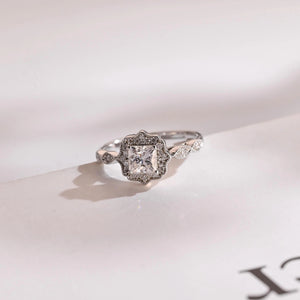 Solid Gold Princess Cut Moissanite Engagement Ring, Beaded Halo Proposal Ring