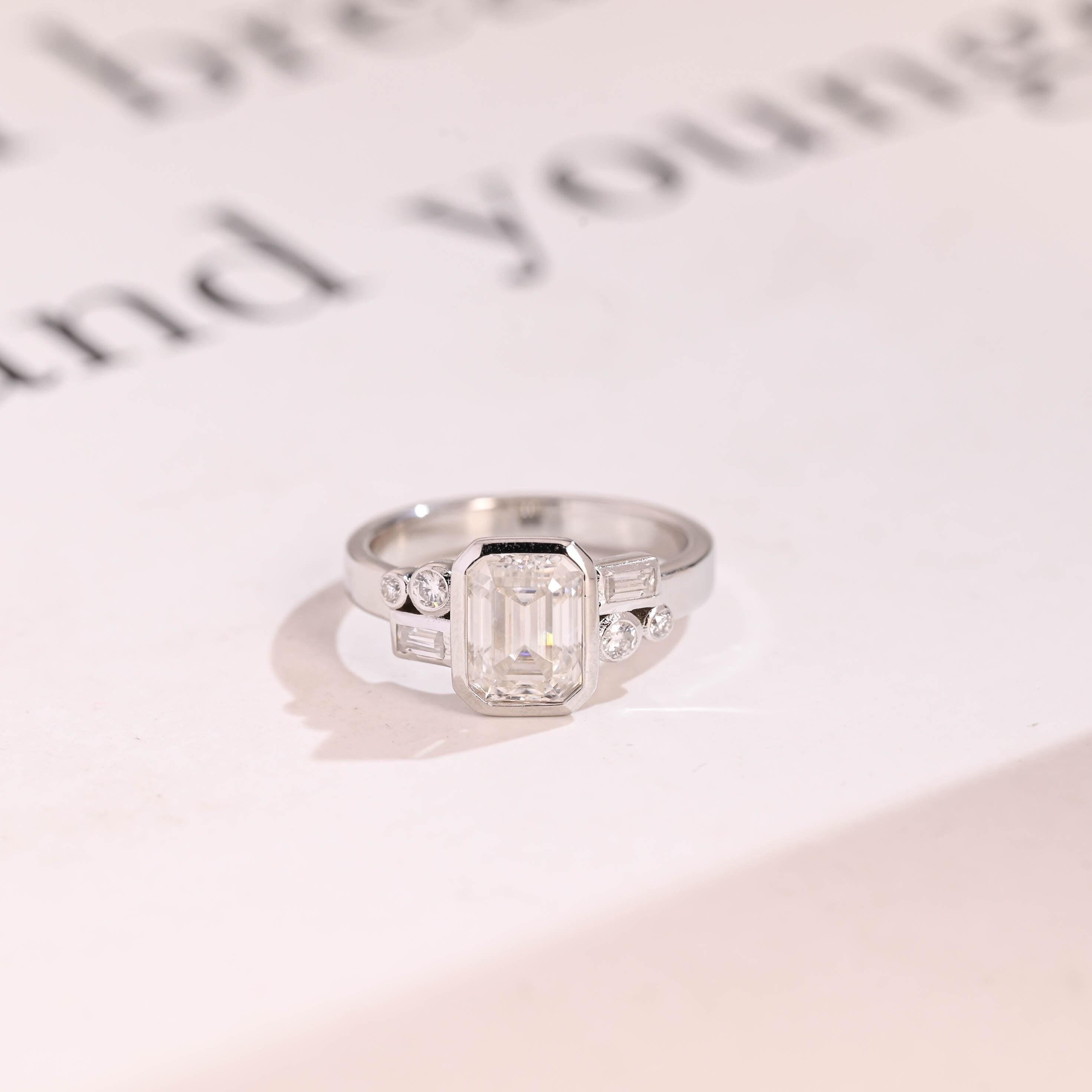 Solid Gold Bezel Emerald Cut Moissanite Engagement Ring, Dainty Cluster Promise Ring Main image