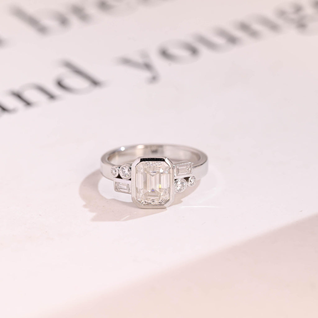 Solid Gold Bezel Emerald Cut Moissanite Engagement Ring, Dainty Cluster Promise Ring