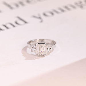 Solid Gold Bezel Emerald Cut Moissanite Engagement Ring, Dainty Cluster Promise Ring