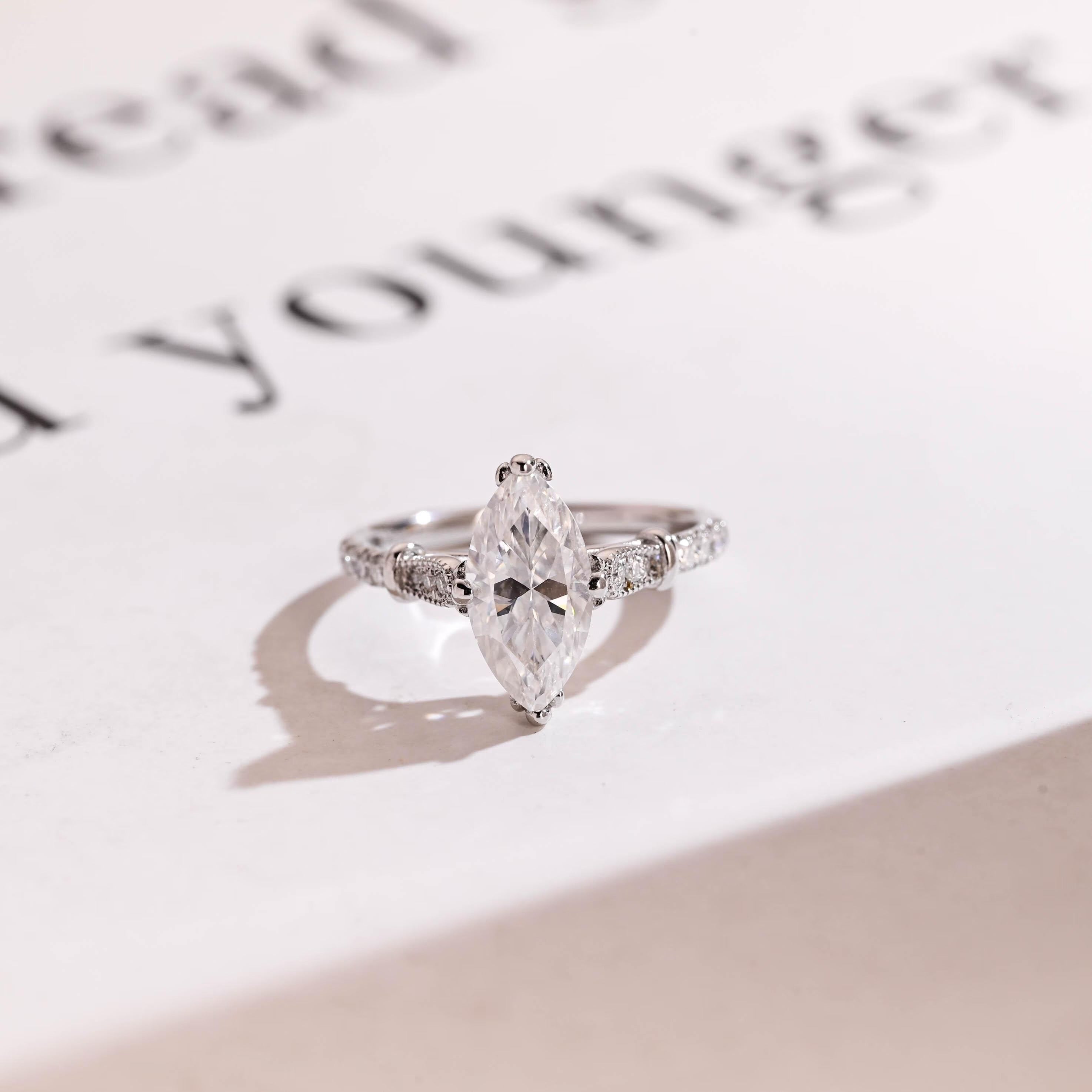 Solid Gold Half Eternity Marquise Cut Moissanite Engagement Ring, Proposal Ring Main image