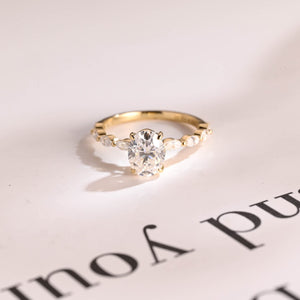 Solid Gold Oval Moissanite Engagement Ring with Marquise Moissanite Accent