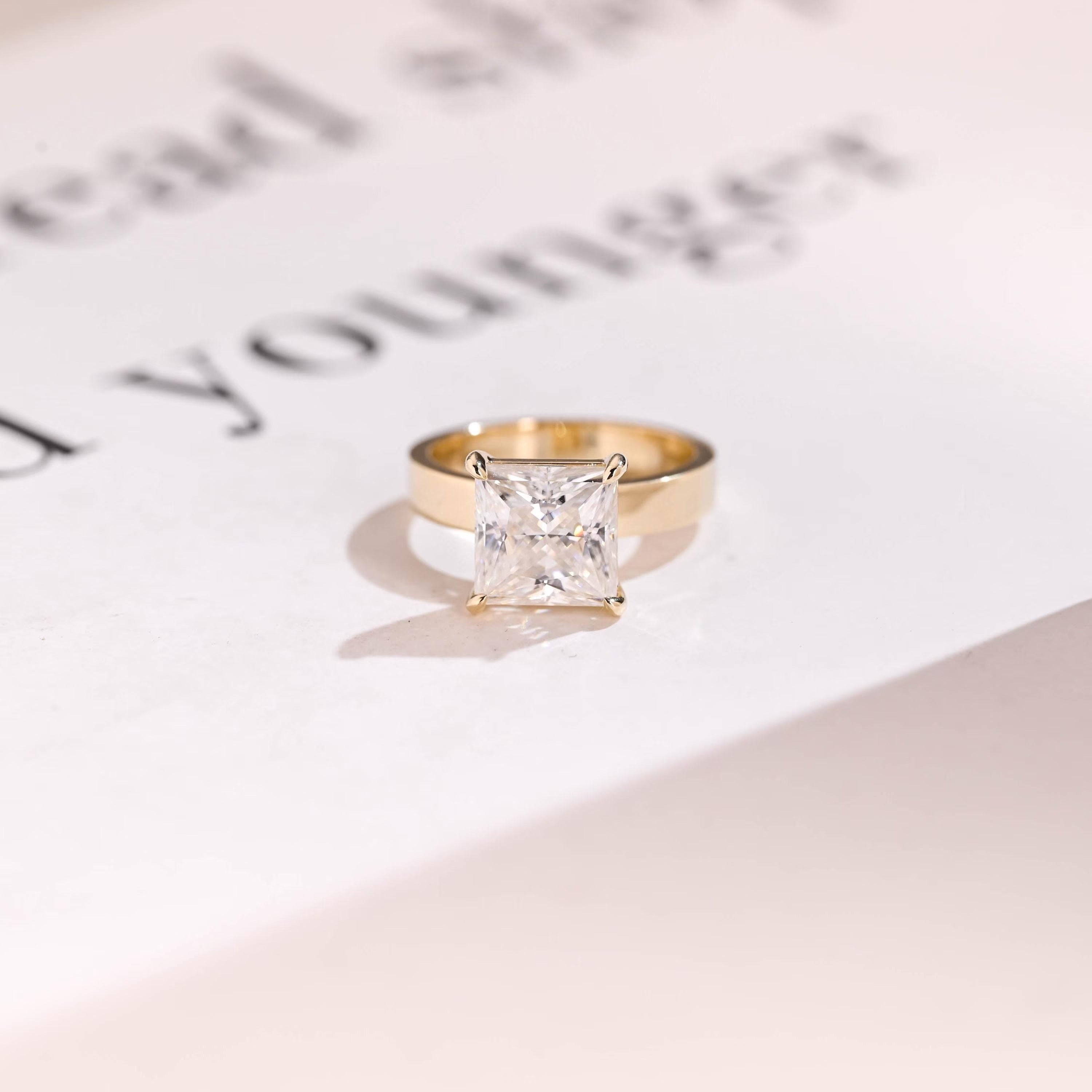 Solid Gold Princess Moissanite Engagement Ring, 3mm Wide Band Bridal Ring Main image