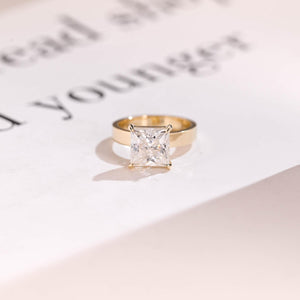Solid Gold Princess Moissanite Engagement Ring, 3mm Wide Band Bridal Ring