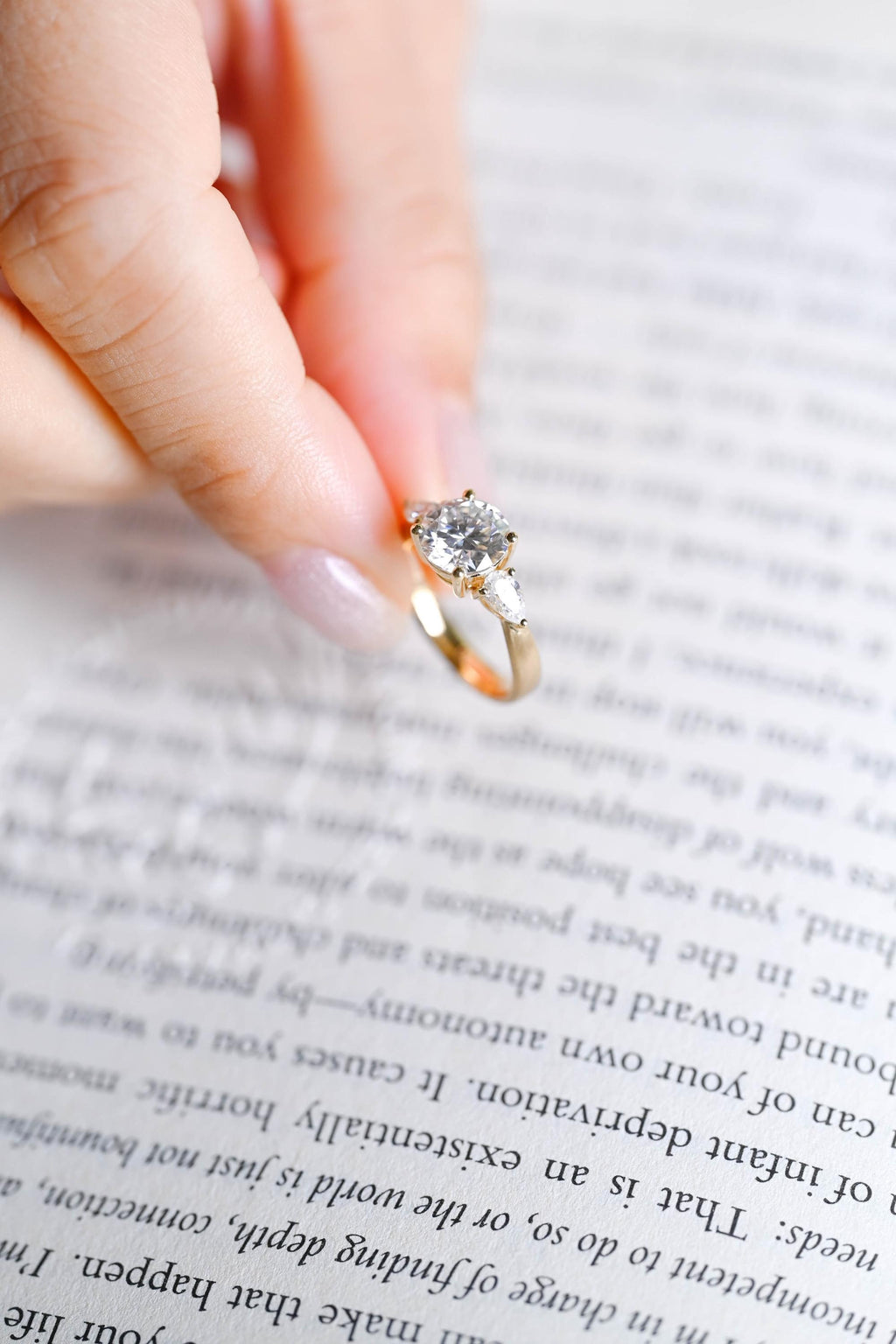 Solid Gold 3mm Width Three Stone Round Cut Moissanite Engagement Ring with Pear Accent