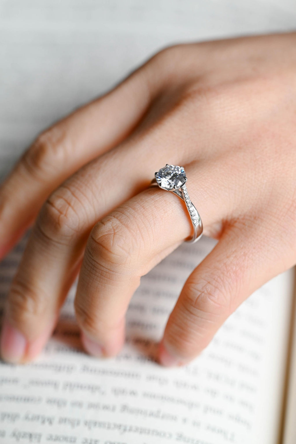 Solid Gold Floral Round Moissanite Engagement Ring, Twisted Band Anniversary Ring
