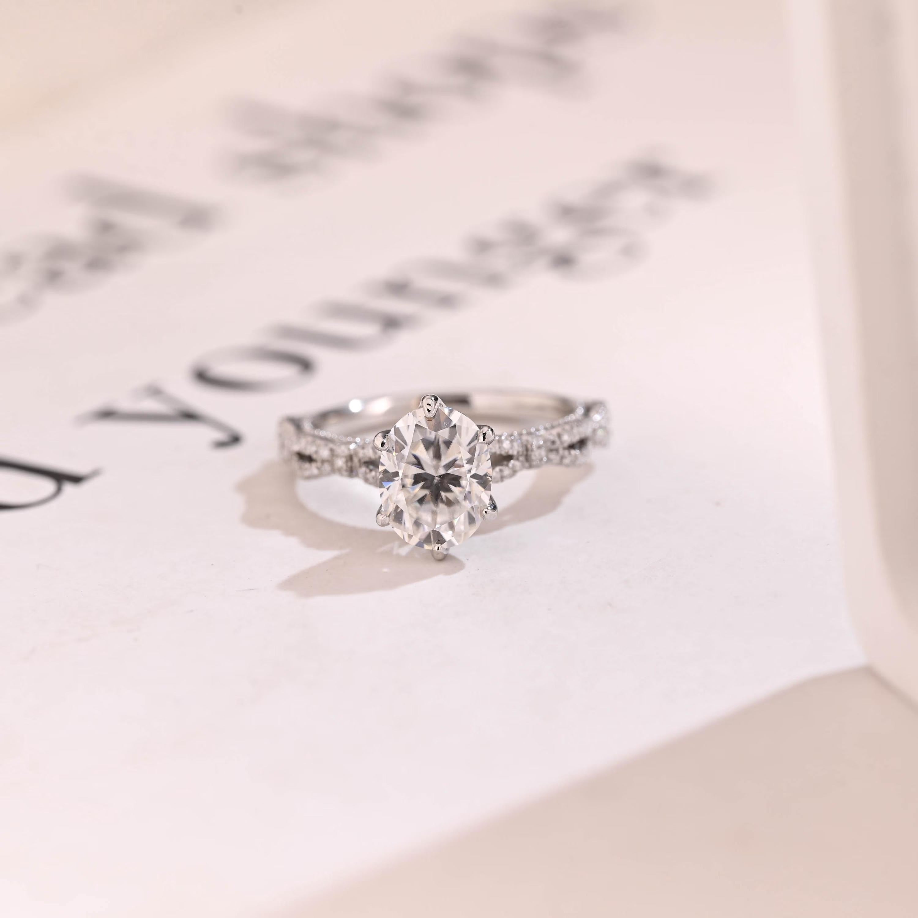 Solid Gold Oval Moissanite Tulip Flower Half Pave Engagement Ring Main image