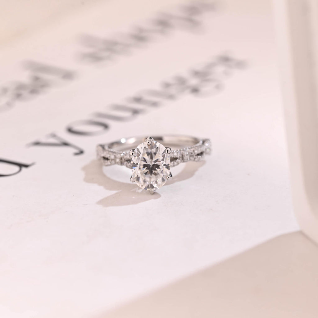 Solid Gold Oval Moissanite Tulip Flower Half Pave Engagement Ring