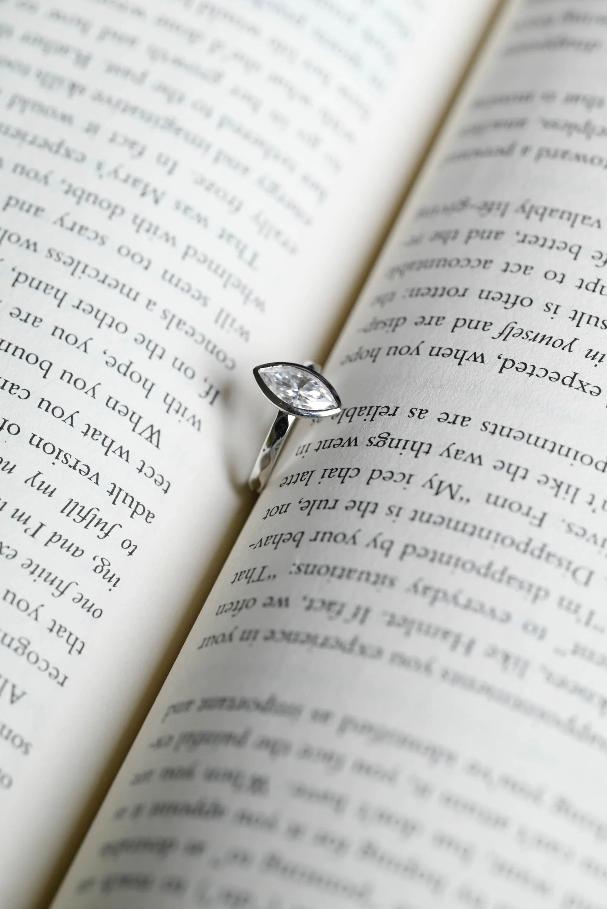 Solid Gold Marquise Moissanite Engagement Ring, Minimalist Bezel Ring