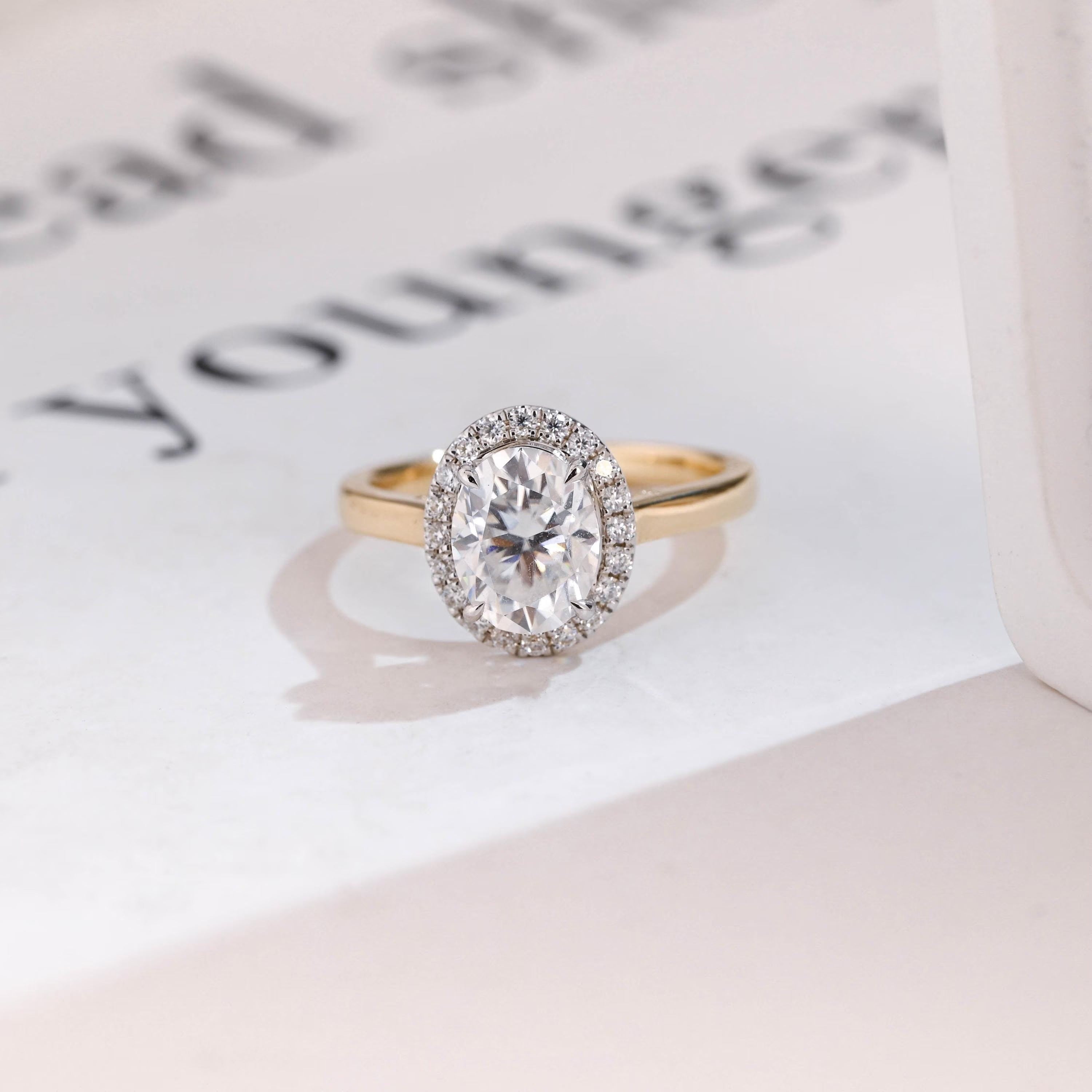 Solid Gold Oval Moissanite Engagement Ring, Two Tone Promise Ring Main image