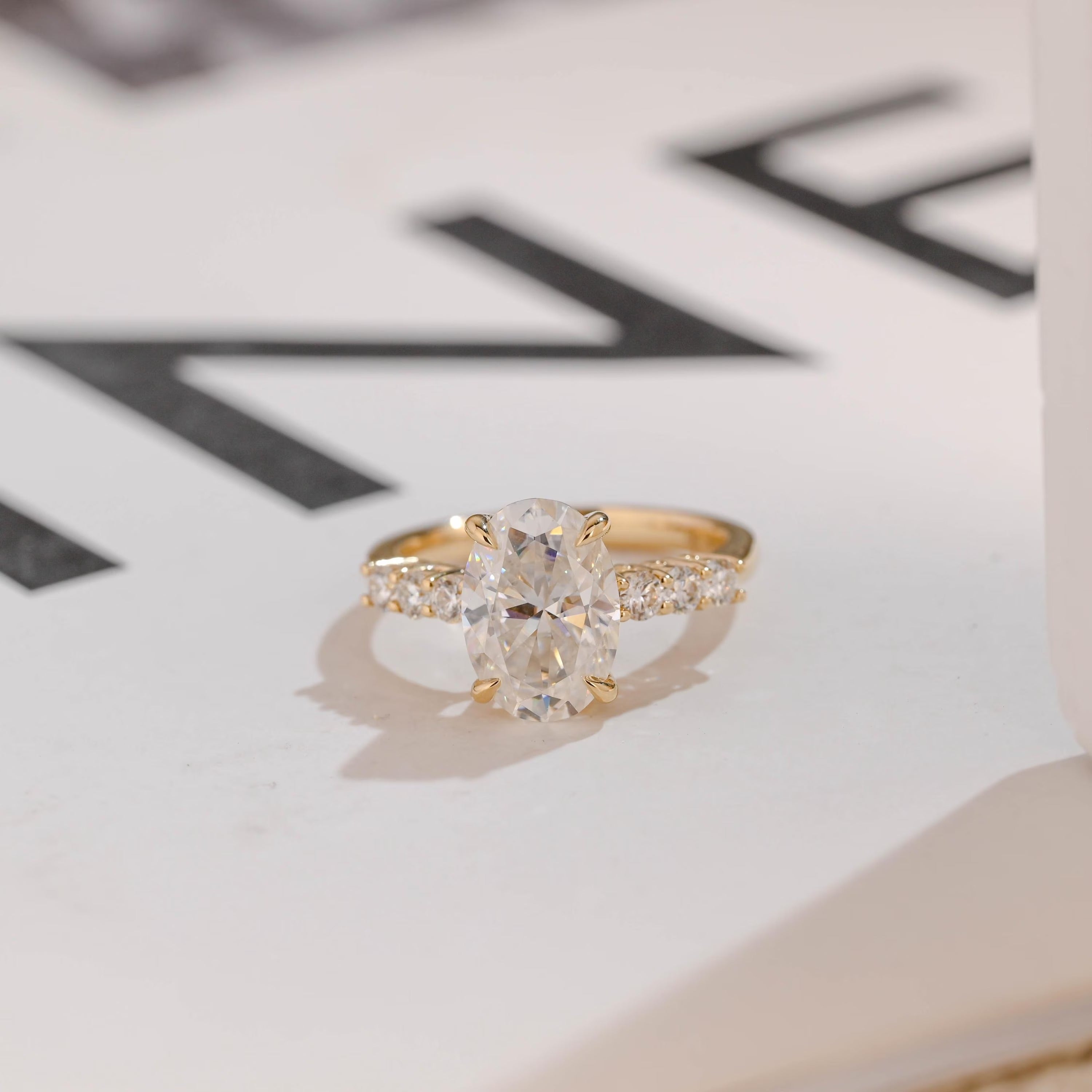 Solid Gold Oval Moissanite Engagement Ring, Half Eternity Promise Ring Main image