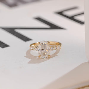 Solid Gold Oval Moissanite Engagement Ring, Half Eternity Promise Ring