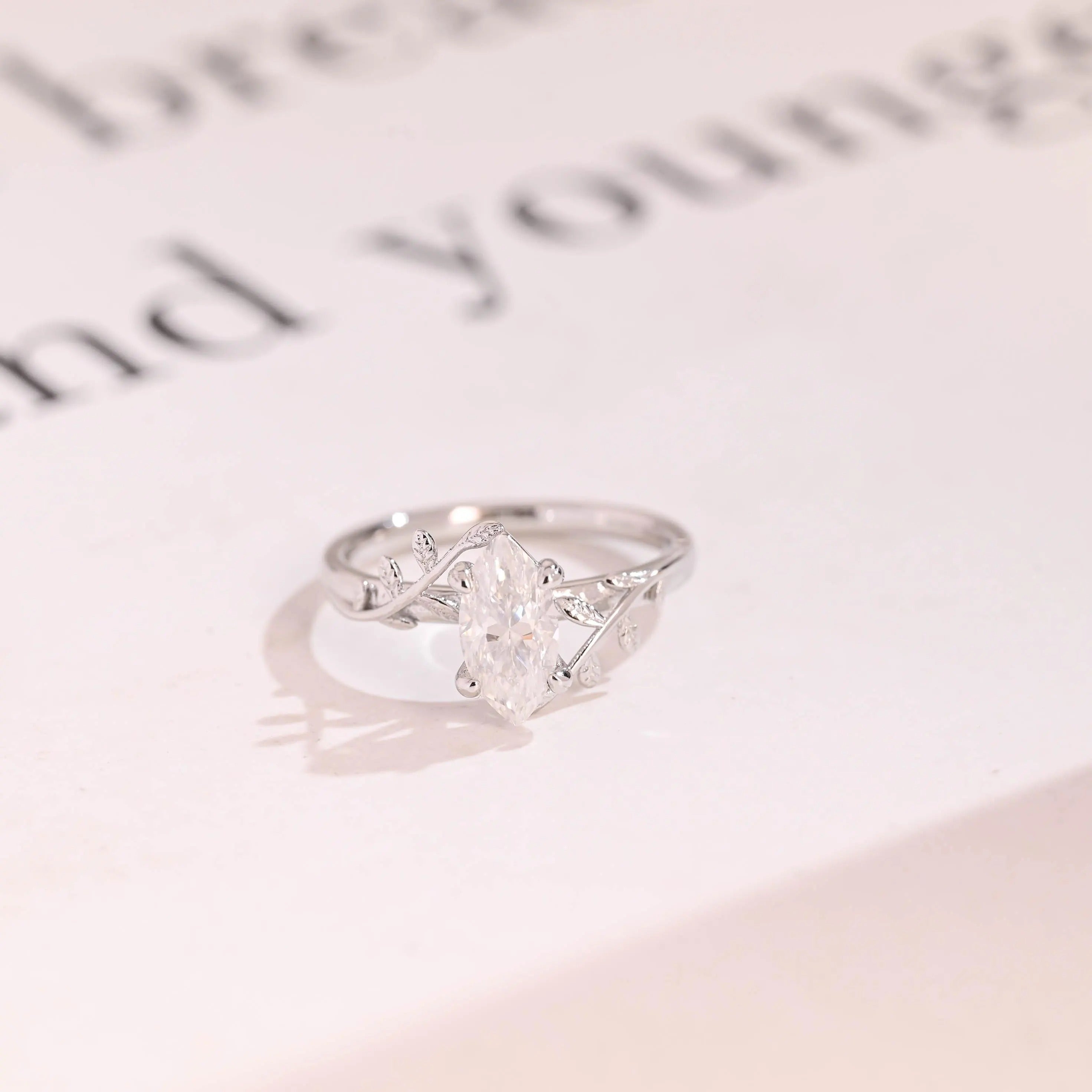 Solid Gold Leaf Ring, Marquise Moissanite Engagement Ring, Proposal Ring Main image