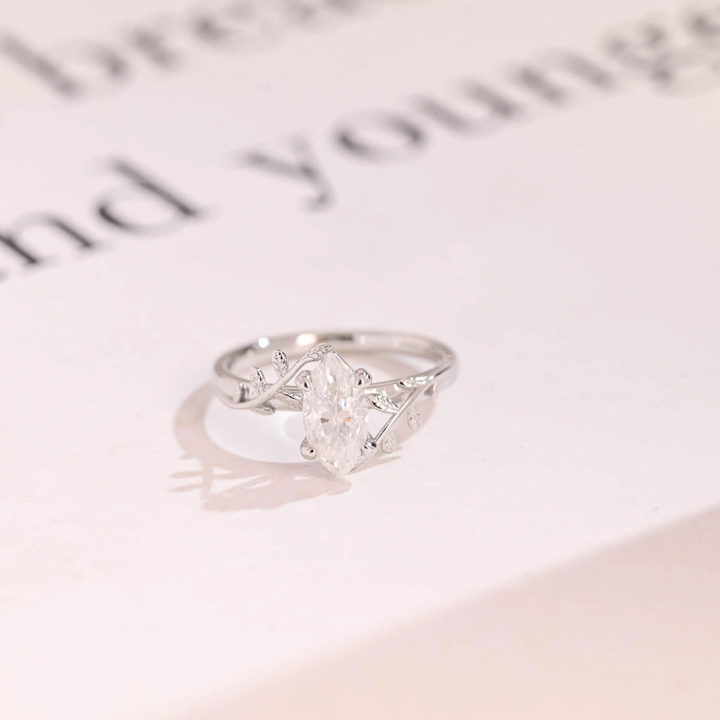 Solid Gold Leaf Ring, Marquise Moissanite Engagement Ring, Proposal Ring