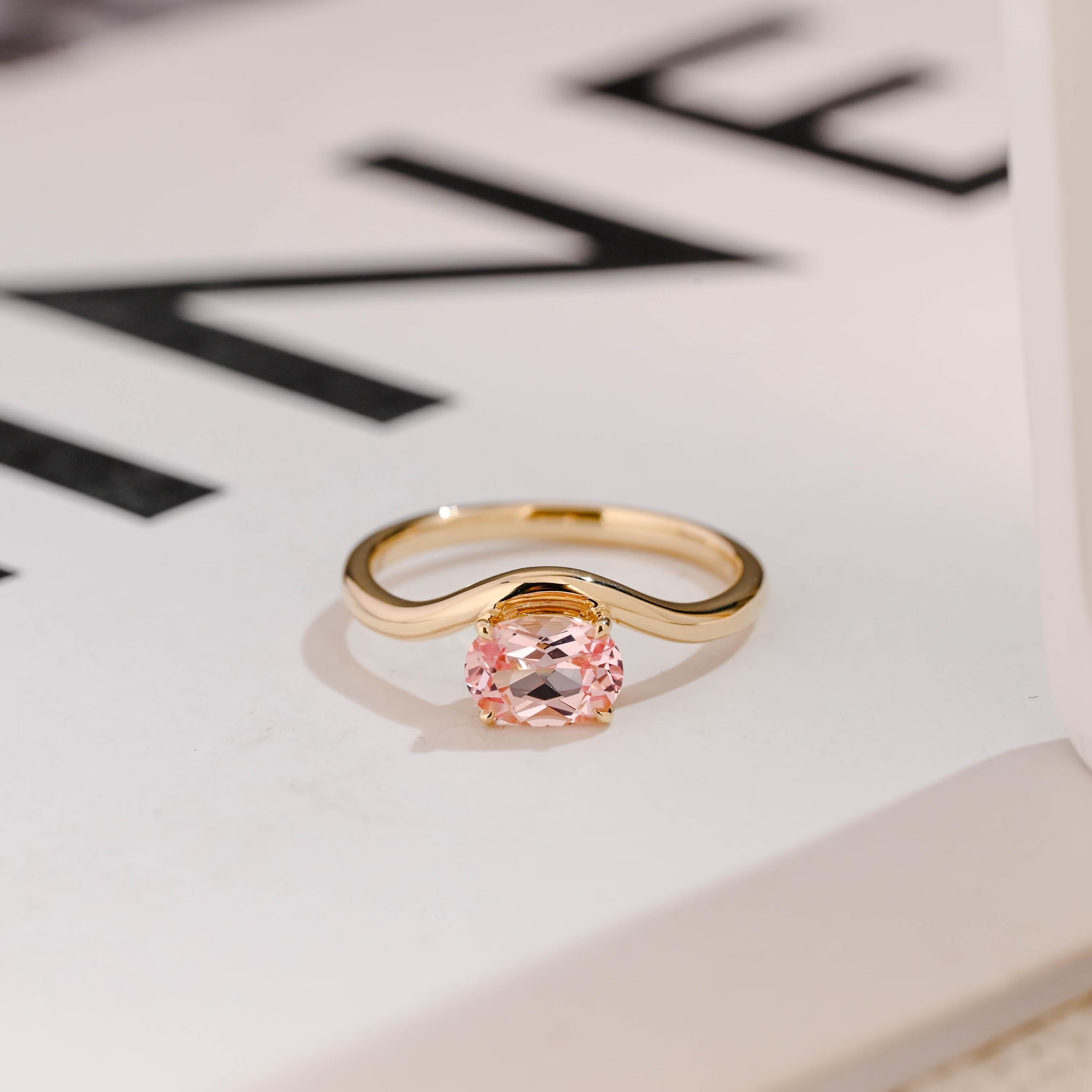 Solid Gold Oval Cut Moissanite Pink Sapphire Engagement Ring, Promise Ring Main image
