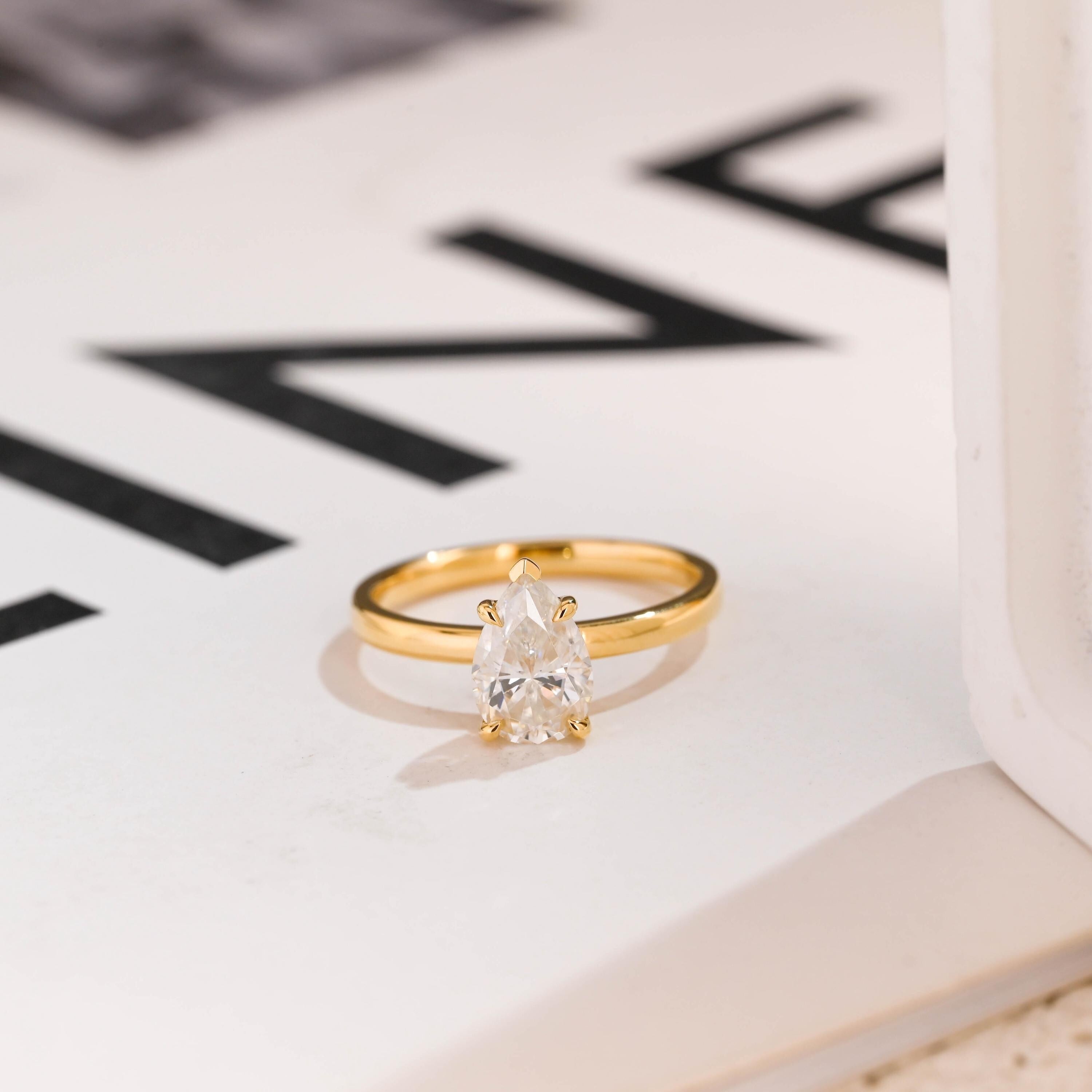 Solid Gold Minimalist Pear Moissanite Engagement Ring, Dainty Promise Ring Main image