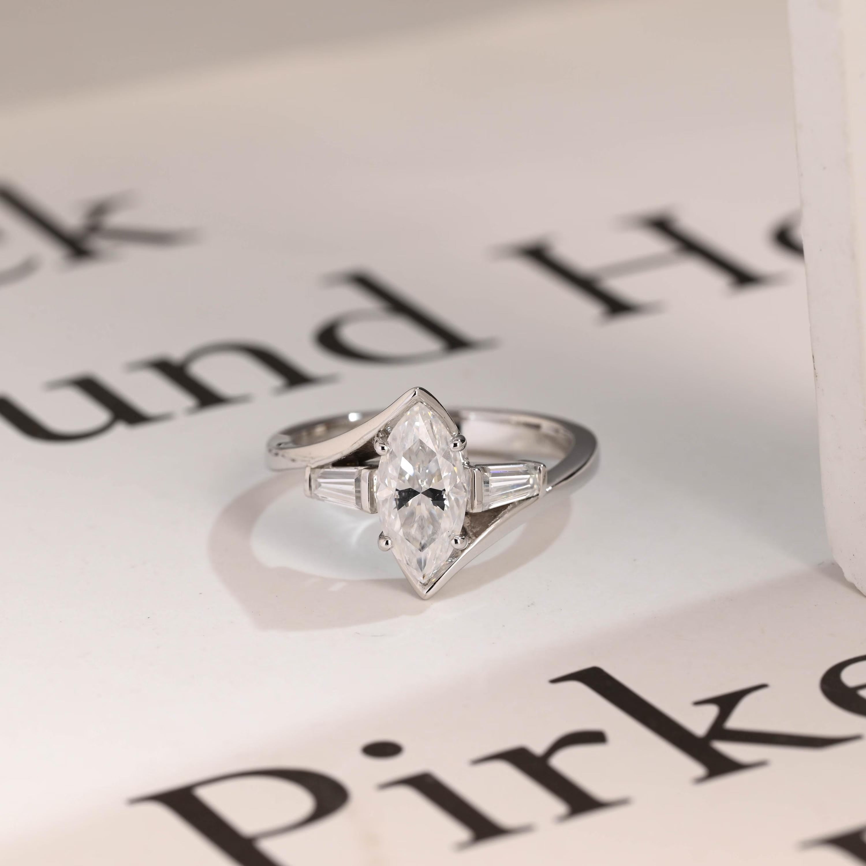 Solid Gold Marquise Moissanite Engagement Ring, Bezel Three Stone Ring Main image