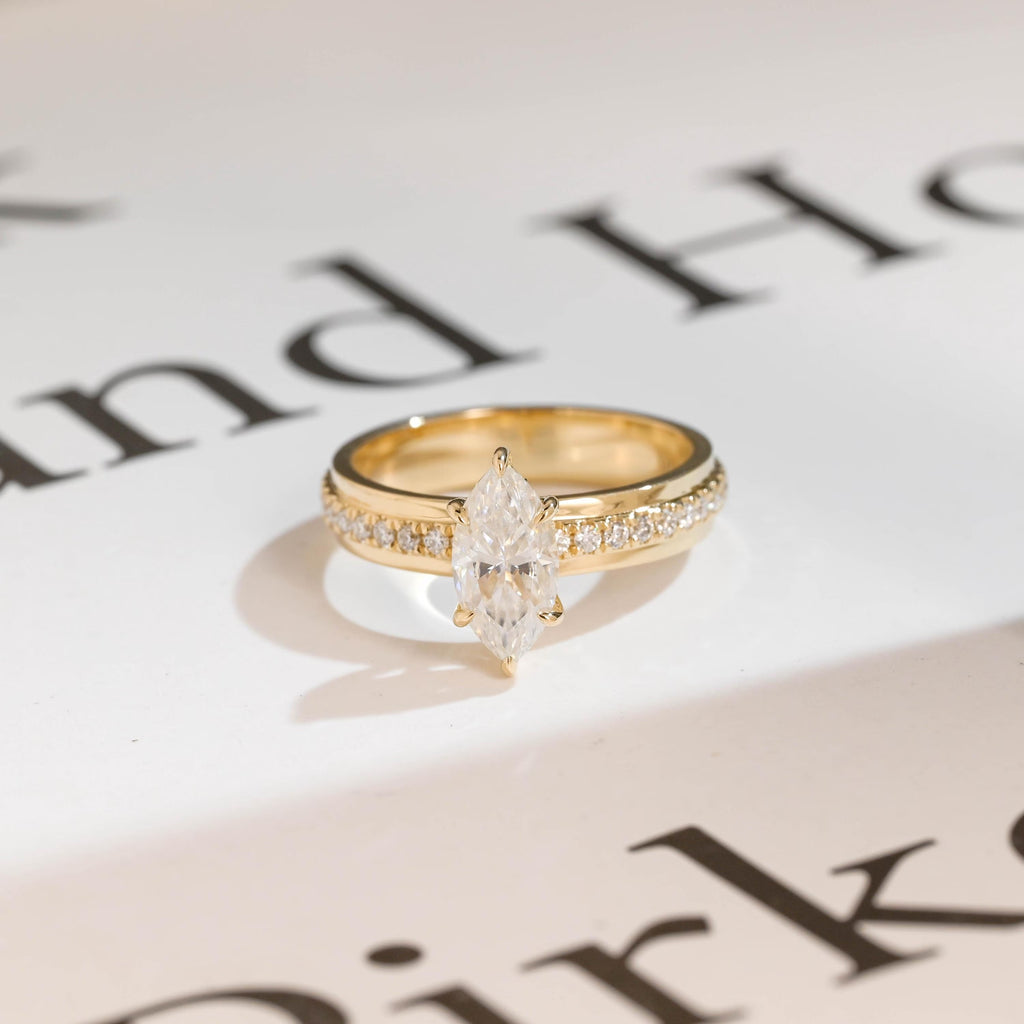 Solid Gold 4mm Wide Band, Marquise Moissanite Engagement Ring