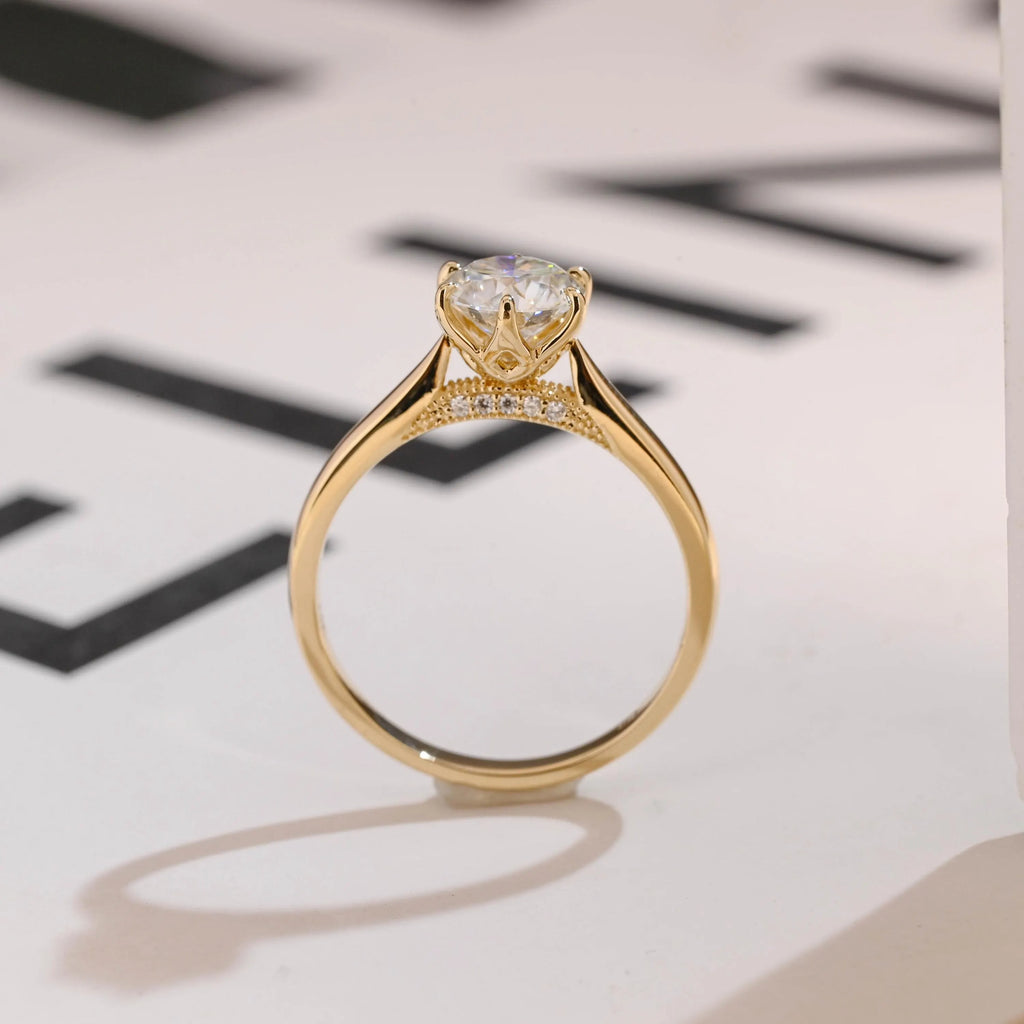 Solid Gold Tulip Flora Round Cut Moissanite Engagement Ring, Cathedral Ring
